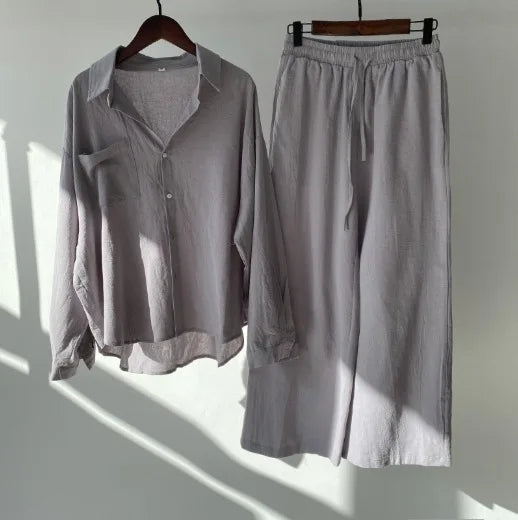 Große Größen Casual Locker Zweiteiler Weites Bein Hose Langarmshirt Hellbeige Street Style Elegant Qualität Polyester Somm...