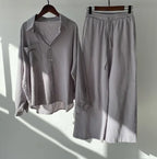 Große Größen Casual Locker Zweiteiler Weites Bein Hose Langarmshirt Hellbeige Street Style Elegant Qualität Polyester Somm...