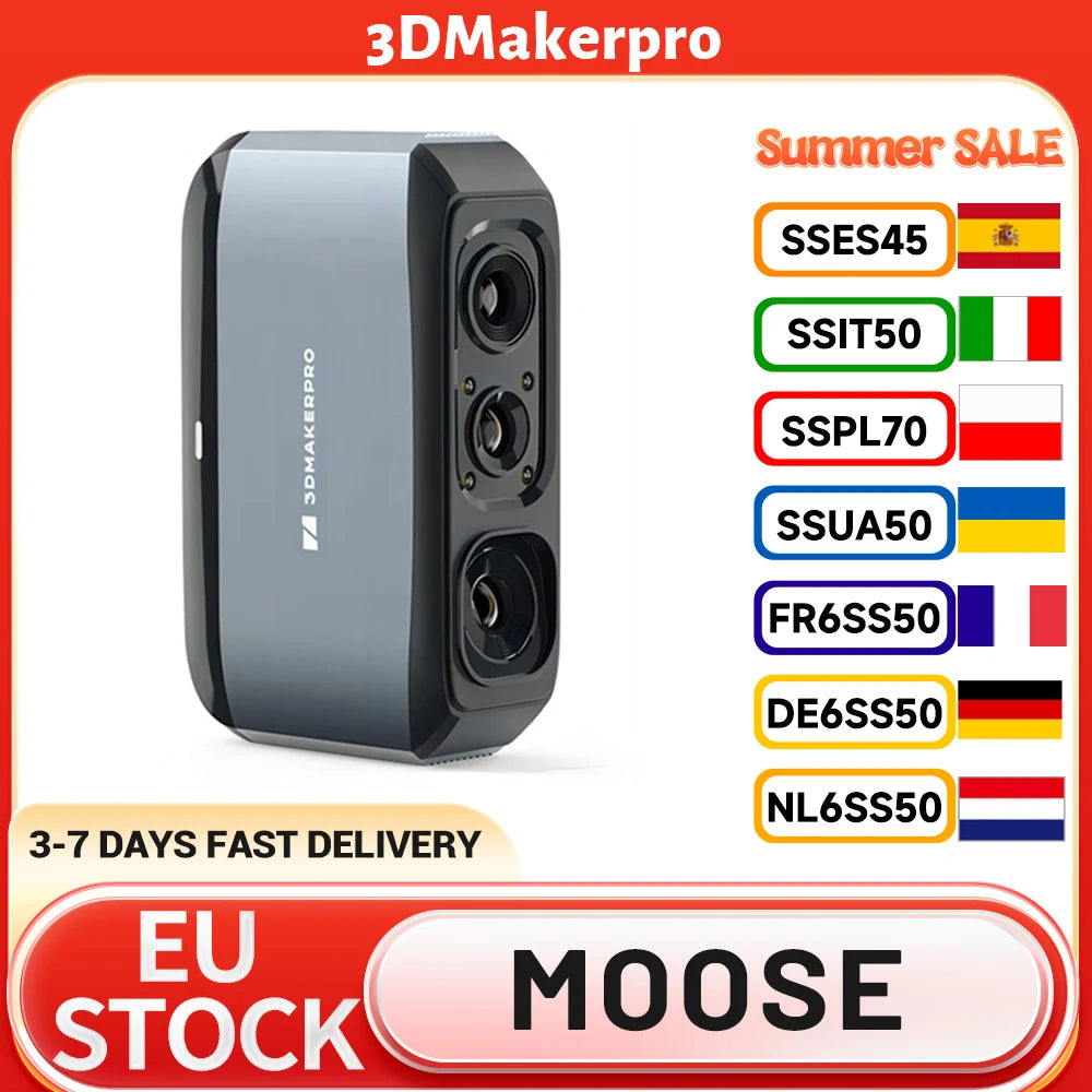 3DMakerpro Moose 3D Scanner, 0.03mm Accuracy, 0.07mm Resolution, Blue LED Light Source, Al Visual Tracking, 24-bit Color Camera