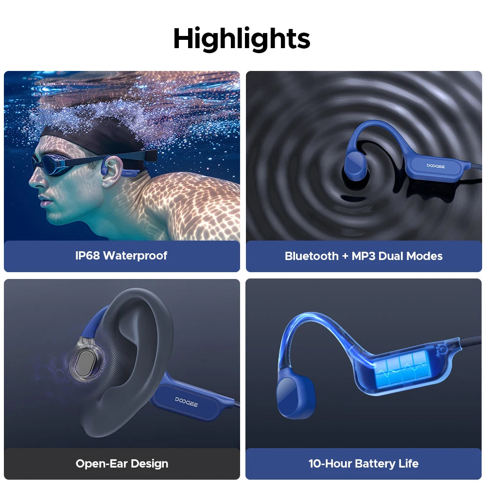DOOGEE BoneBeat Swim Lite Knochenschall-Sportkopfhörer Bluetooth 5.4 Drahtloser Ohrhörer Wasserdichtes Headset zum Schwimmen