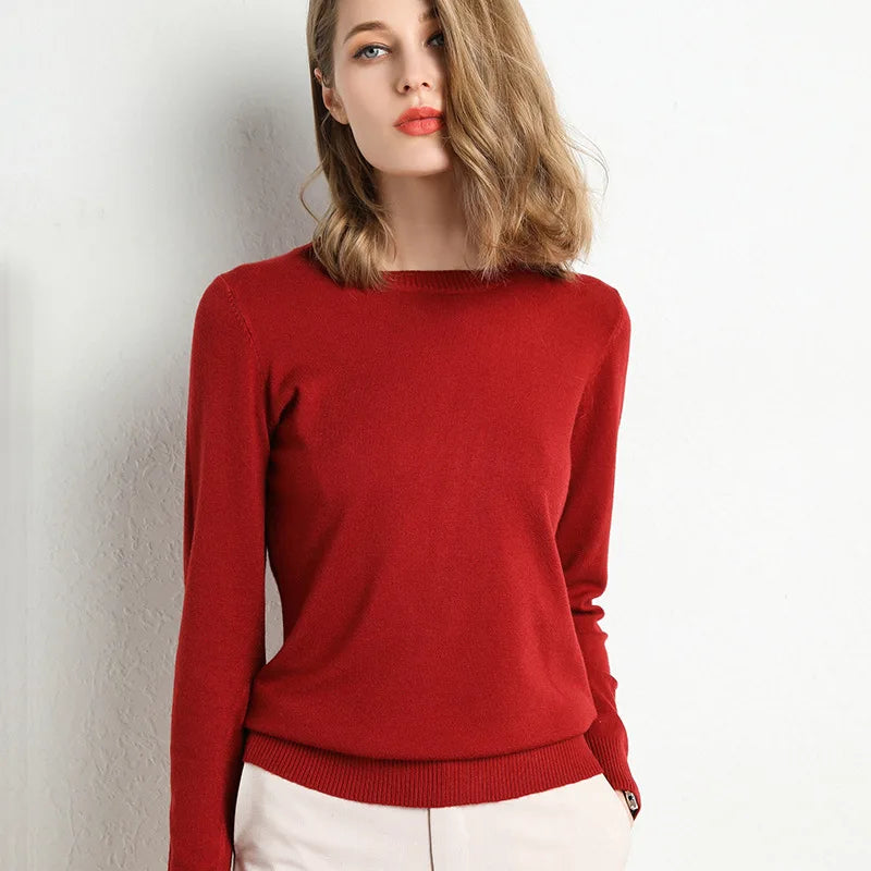 Damen Slim O-Neck Pullover Kaschmir-Wollmischung Pullover Herbst Und Winter Langarm Strick Unterhemd Große Größe 2024