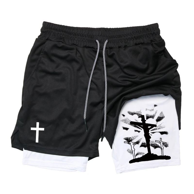 Herren-2-in-1-Lauf-Workout-Shorts mit Druck, Christian Gym Athletic Performance Shorts mit Handytasche und Handtuchschlaufe, Activewear