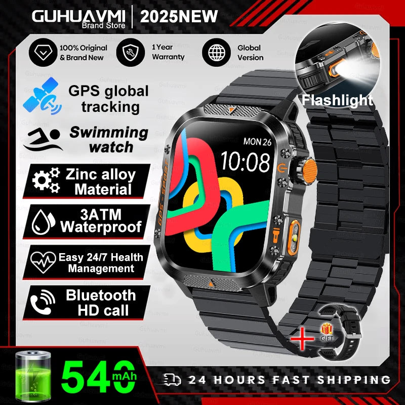 2025Neue GPS Smartwatch für Xiaomi IOS Militärkompass Taschenlampe Smartwatch Herren 10ATM Wasserdicht 100+Sportmodi BT Anruf Uhr