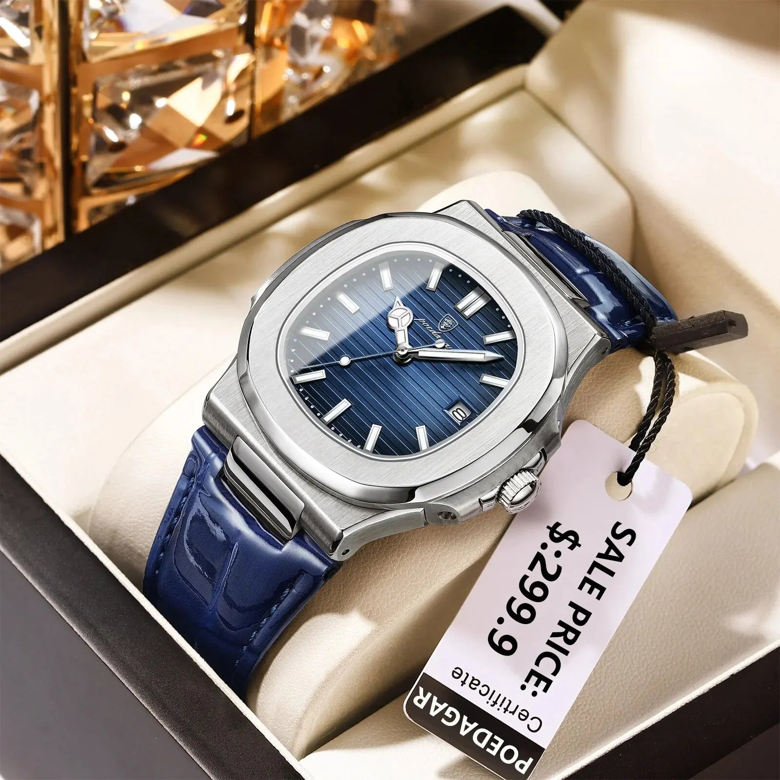POEDAGAR Top Luxus Quadratische Herrenuhr Datum Wasserdicht Leuchtend Herren Armbanduhr Hochwertige Leder Herren Quarzuhren+Box Reloj Hauptbild
