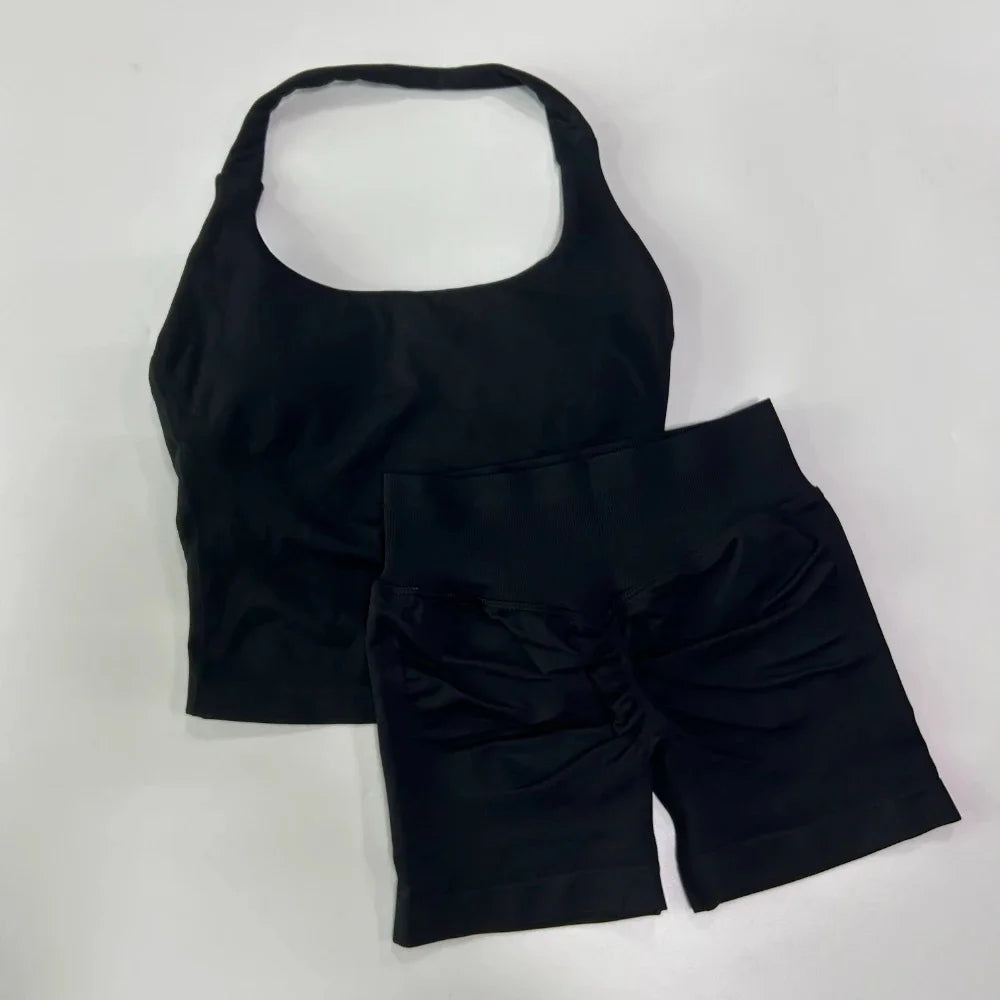 No Logo 2-teiliges Sportset Damen Rückenloses Tanktop Hohe Taille Scrunch Nahtlose Shorts Gym Set Sportbekleidung Workout Set Yoga