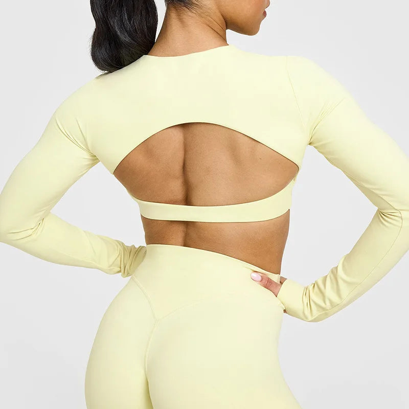 NCLAGEN Yoga-Top mit integriertem BH, langärmeliges Damen-Gym-Oberteil, rückenfreies Workout-Shirt, hochelastisches atmungsaktives Fitness-Shirt