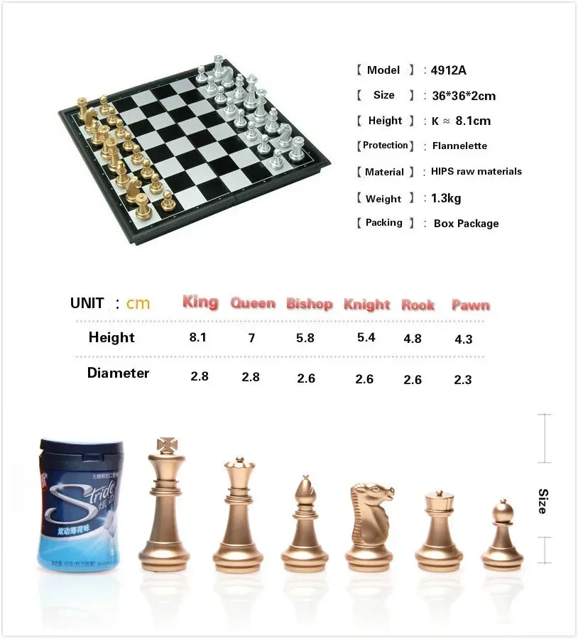 Magnetisches Internationales Schachfiguren-Set, klappbares Tischbrett, 3 verschiedene Größen, 36x31cm König 7.2cm