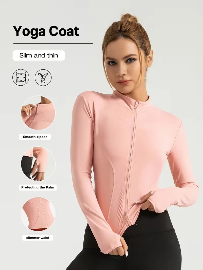 Damen Slim Fit Stehkragen Sportjacke Reißverschluss Yoga Jacke Schnelltrocknende schmale Taille Lauf-Trainingsjacke für den Frühling