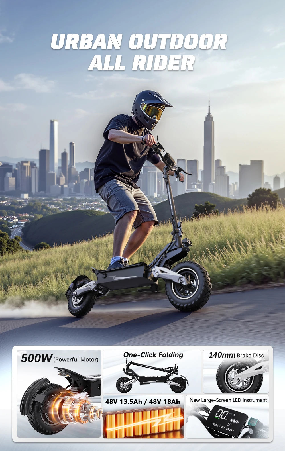 T10 Tragbarer E-Scooter 900W Spitzenleistung 48V 13.5/18 Ah Akku Elektroroller für Erwachsene 11 Zoll Offroad-Reifen Elektroroller