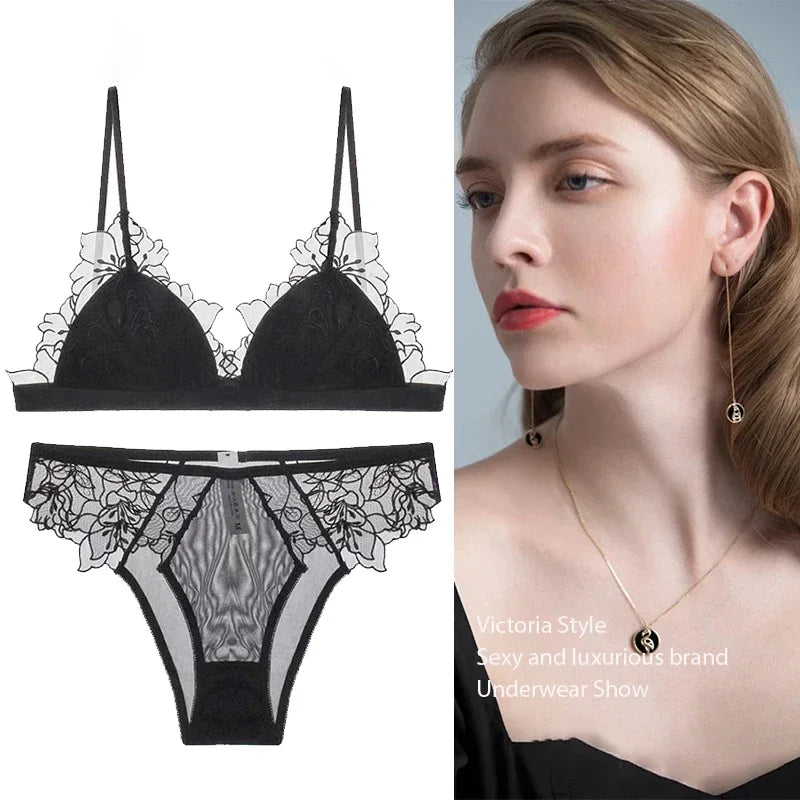 BANERDANNI Pure Desire Victoria Französische Spitzenbestickte Dessous Frauen dünne Cups Triangel-BH Set Bequem ohne Bügel