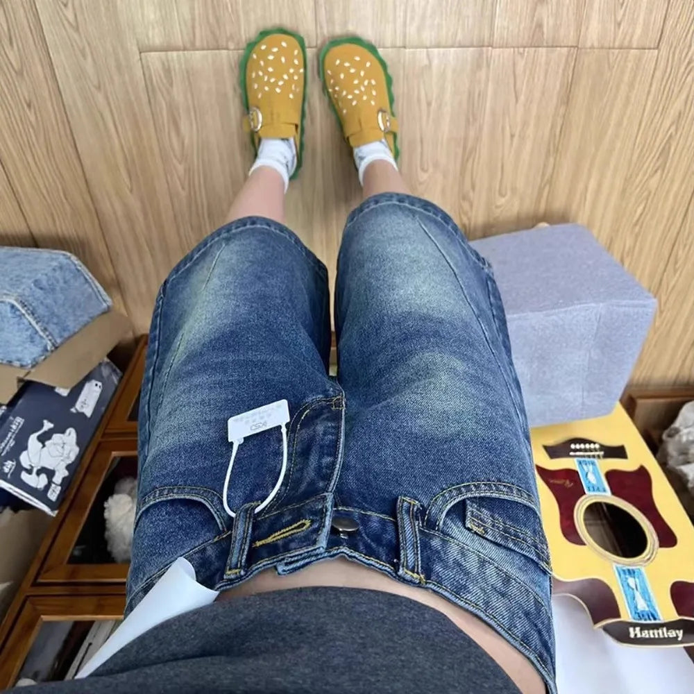 Spicy Girl Retro Amerikanische Fünf-Punkt-Denim-Shorts Damen Sommer Neue Lockere Design Schmale Gerade Weite Beinhosen Mittellange Hose