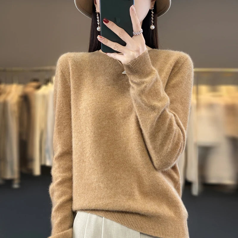 100 % Merinowolle Pullover Damen O-Ausschnitt Kaschmir Strickwaren Female Pullover Herbst Winter Freizeit Oberteile Einfarbig Weiche Kleidung Hauptbild