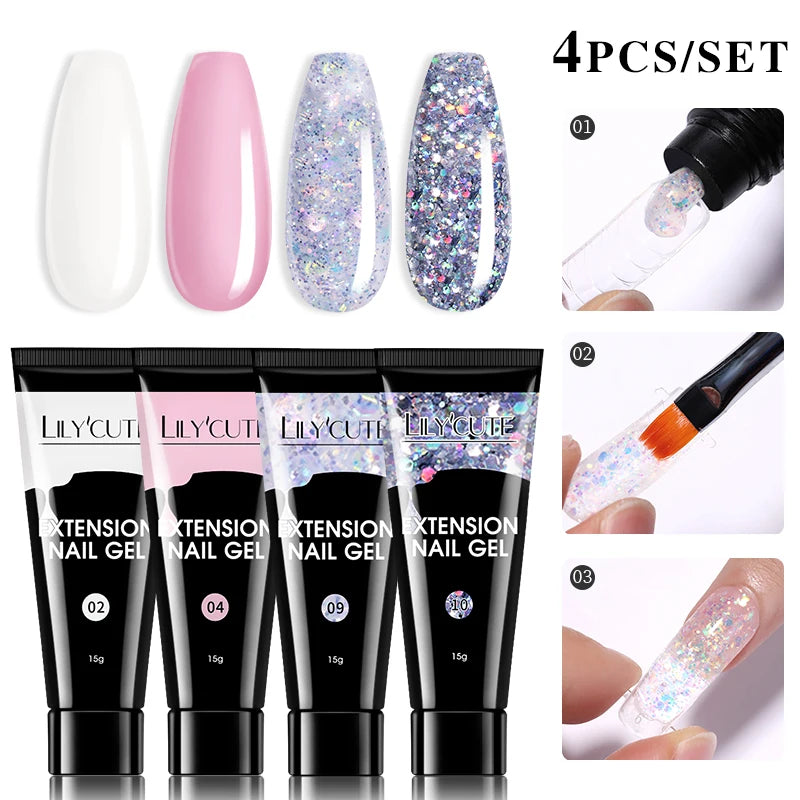 LILYCUTE 15ml Verlängerungsgel-Nagellack-Set Quick Nail Prolong mit Verlängerungsform-Nagelspitzen Acryl-Lösung Maniküre-Werkzeug-Kit