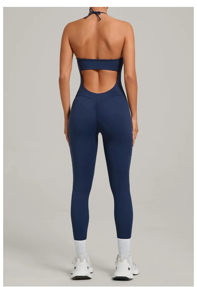 Damen Yoga Jumpsuits Sport Fitness Einteiler Schönheits-Rückengurt Tasche Hüfthebend Slim Fit Laufen Workout Training Bodysuit