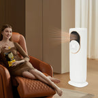 Weißer moderner freistehender ABS-Klimaventilator mit Fernbedienung, Touchscreen, EU-Stecker, warmer und kühler Wind, Zeitschaltfunktion, Luftbefeuchter