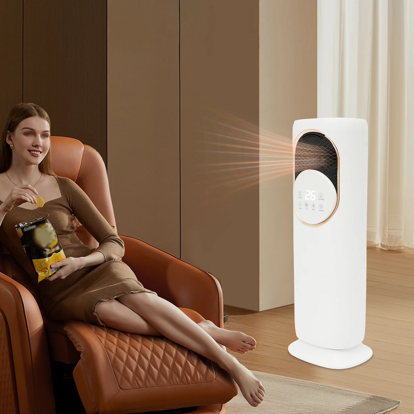 Weißer moderner freistehender ABS-Klimaventilator mit Fernbedienung, Touchscreen, EU-Stecker, warmer und kühler Wind, Zeitschaltfunktion, Luftbefeuchter Hauptbild