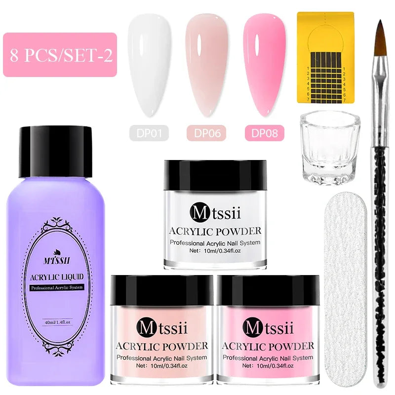 8pc MTSSII Acrylic Powder Nail System Set Clear Nude Pink Monomer Liquid Set With Nail Brush For Nails Extension Carving Flower