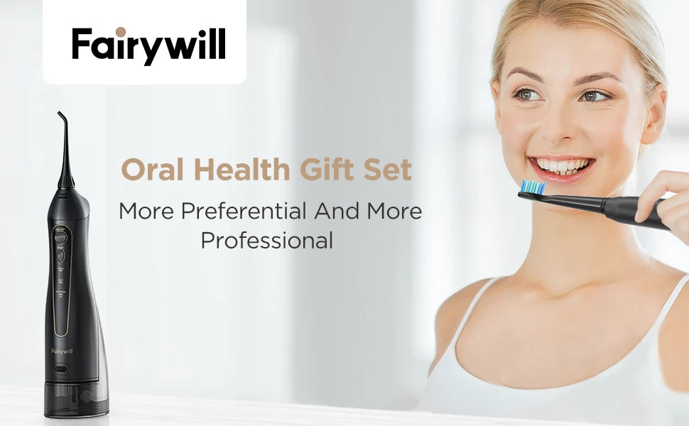 Fairywill Water Dental Flosser Zähne Tragbarer kabelloser USB Munddusche Reiniger IPX7 Wasserdichtes Elektrische Zahnbürsten Set Zuhause