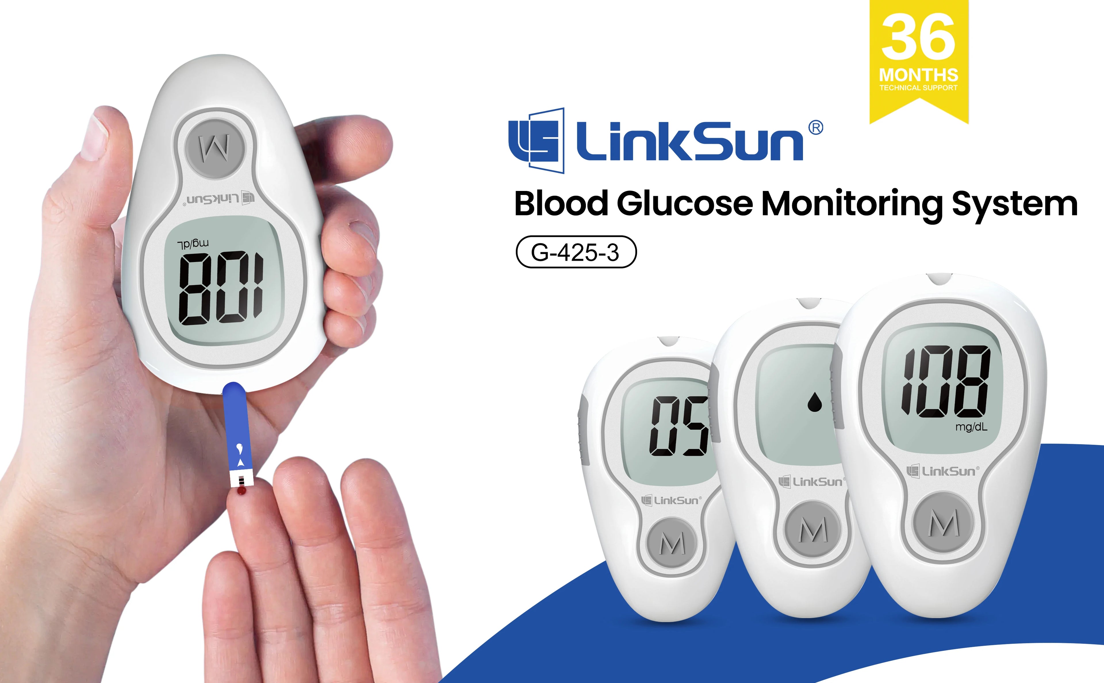 LinkSun Blutzuckermessgerät G-425-3 Glukometer ohne Codierung für Diabetestest 10/50/100 Teststreifen Lanzetten Medizinischer Blutzucker mg/mmol