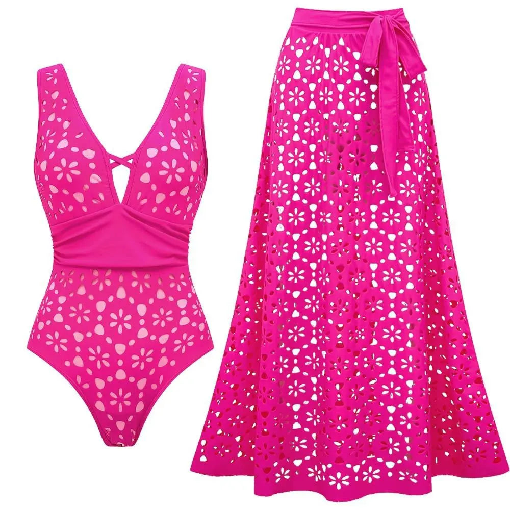 2tlg. bedruckter Badeanzug Damen Sexy Bademode Neuer Bikini mit langem Rock Damen Biquini Push Up Badeanzug Body Strandkleidung Strandtuch