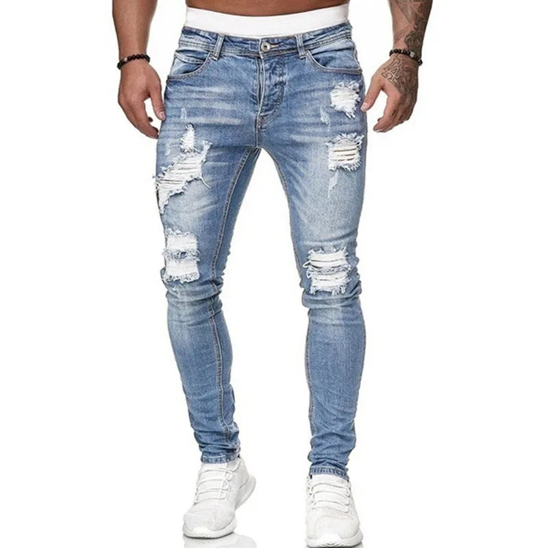 Fashion Street Style Zerrissene Skinny Jeans Herren Vintage Washed Unifarbene Denim Hose Herren Freizeit Slim Fit Bleistift Denim Hose Hot Sale Zweitbild