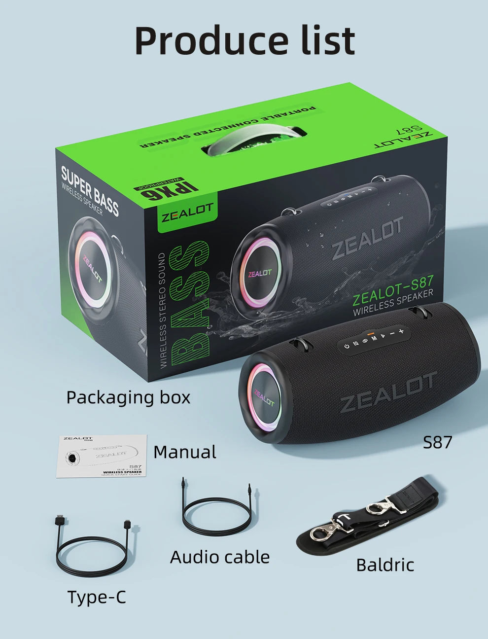ZEALOT-S87 Outdoor Tragbarer kabelloser Bluetooth-Lautsprecher 80 W Hochleistungssubwoofer IPX6 Wasserdicht Camping