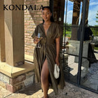 KONDALA 2026 Frühling Sommer Vintage Damenkleid Mode Einreihig Schärpen Drapierter V-Ausschnitt Ärmellos Schicke Braune Damenkleider
