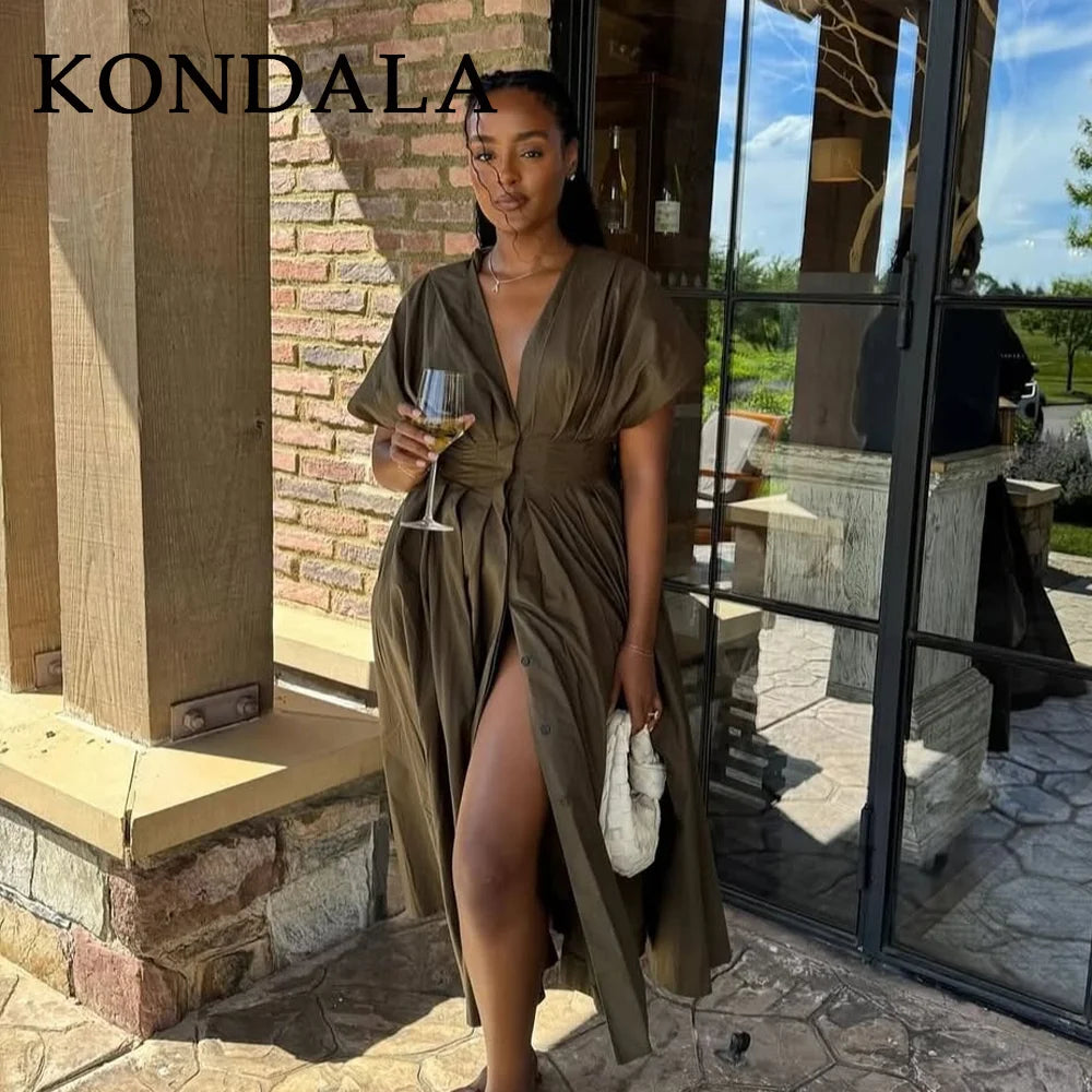 KONDALA 2026 Frühling Sommer Vintage Damenkleid Mode Einreihig Schärpen Drapierter V-Ausschnitt Ärmellos Schicke Braune Damenkleider