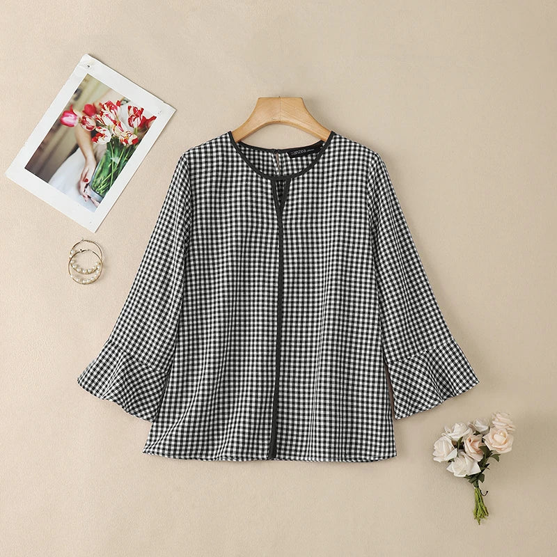 ZANZEA Damen Sommer Plaid Patchwork Bluse 3/4 Glockenärmel Cut Out Tops Lässiges lockeres Hemd Retro Chemise Damen Arbeitsblusen