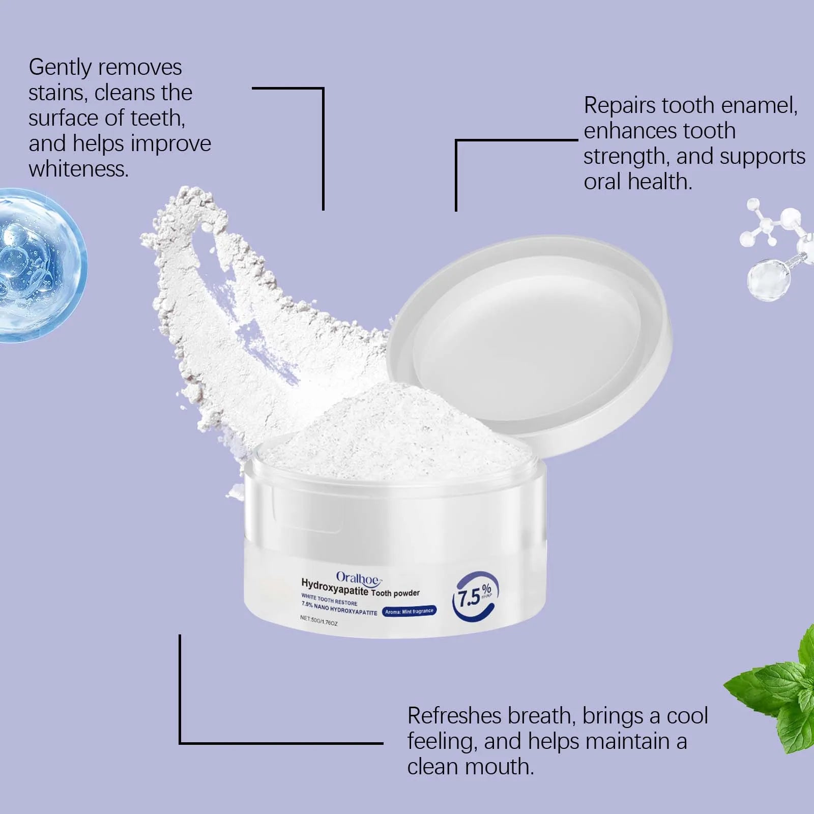 Zahnpflege Tiefenreinigung Aufhellendes Zahnpulver mit 7,5% Hydroxylapatit – Remineralisierende Kühle Minze Zahnreparatur Frischer Atem