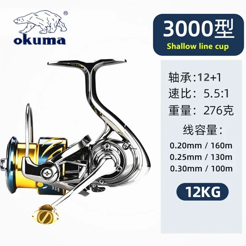 Okuma Ganzmetall-Angelrolle mit flacher Spule 15 kg Korrosionsschutz Salzwasser Spinnrolle 1000-5000