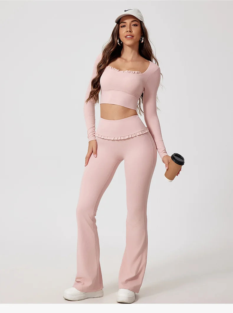 Neues Sommer 2-teiliges Damen-Fitnessstudio Yoga Damen-Outfit Outdoor Sport Schnelltrocknendes Langarmshirt-Set Damen Zweiteiler Sportbekleidung