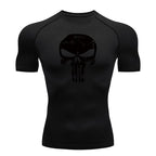 Skull Print Compression Shirts for Men Gym Workout Running Tshirts Sporty Athletic Quick Dry Tees Tops Short Sleeve Rash Guard