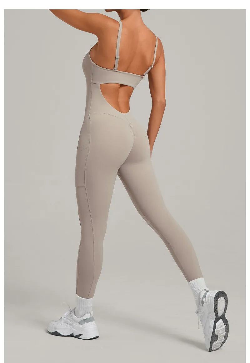 Damen Yoga Jumpsuits Sport Fitness Einteiler Schönheits-Rückengurt Tasche Hüfthebend Slim Fit Laufen Workout Training Bodysuit