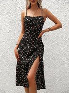 Damen Blumenmuster Spaghettiträger Sommer Boho Strandkleid Druck Elegant Träger Eckiger Ausschnitt Schlitzkleid Vestidos 2024