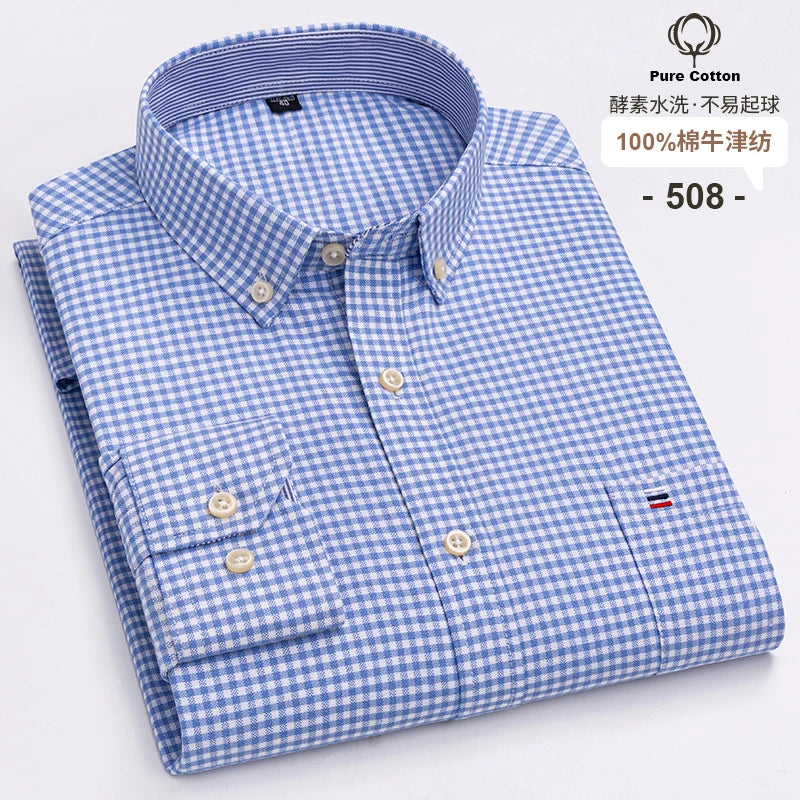 100 % Baumwolle Oxford Herrenhemden Langarm Kariert Weich Regular Fit Festliches Hemd Tasche Sozial Bluse Herrenkleidung S-7XL
