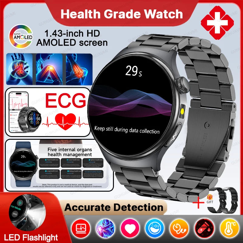 Neue genaue EKG-Smartwatch, Blutfettwerte, Fünf-Organe-Gesundheitscheck, Körpertemperatur, BT-Anruf, Sport-Smartwatches für Herren 2026