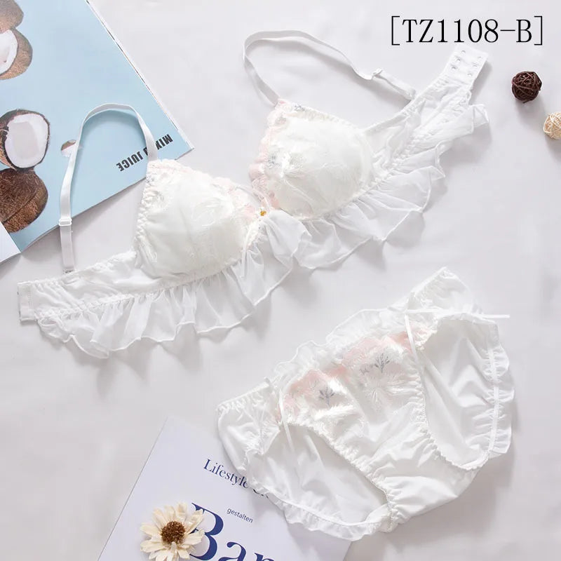 Besticktes Schleifen-Dessous-Set für Damen, japanisches süßes BH-Set, Triangel-Cup ohne Bügel, Studentenunterwäsche