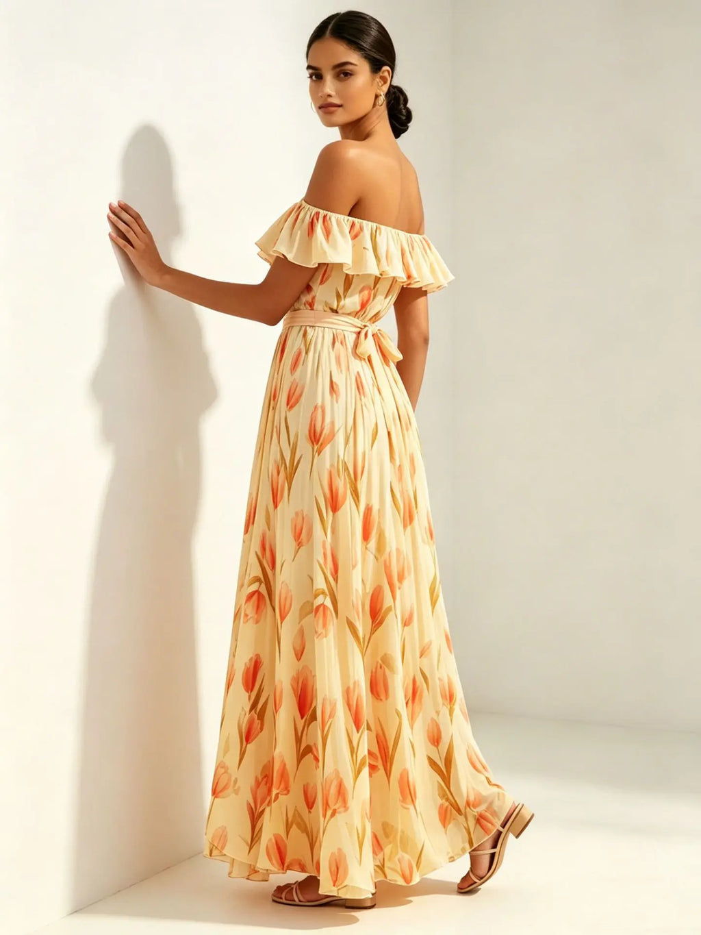 2026 Sommer schulterfreies Kleid mit Tulpenprint in großen Größen, schlankmachend, mit eckigem Ausschnitt und Maxilänge