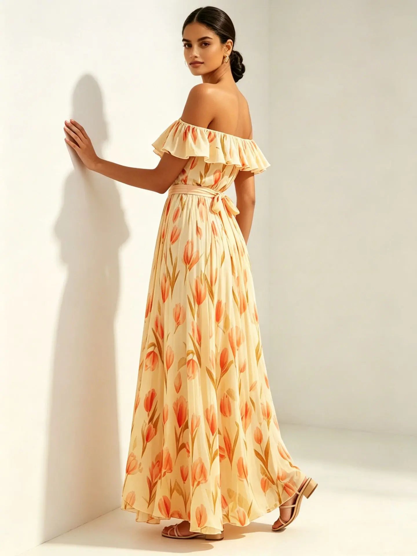2026 Sommer schulterfreies Kleid mit Tulpenprint in großen Größen, schlankmachend, mit eckigem Ausschnitt und Maxilänge