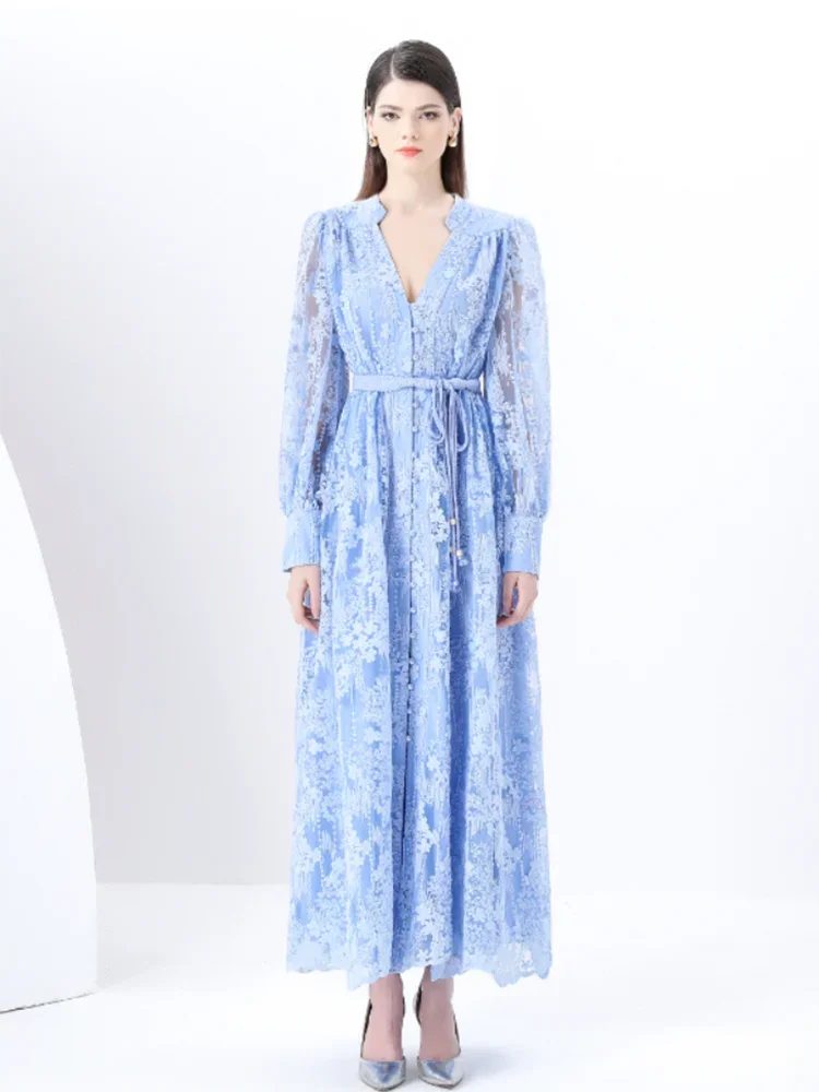 Frühlings-Herbst Französisches High-End Damenkleid Neue Spitze Stickerei V-Ausschnitt Laternenärmel Einreiher Party Geburtstagskleid C192