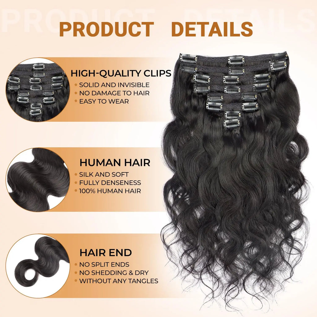 Wellenförmige Clip-in-Echthaarverlängerungen Clip Ins 120 Gramm Body Wave 18 Zoll 8 Stück Naturschwarz 100% Echthaar