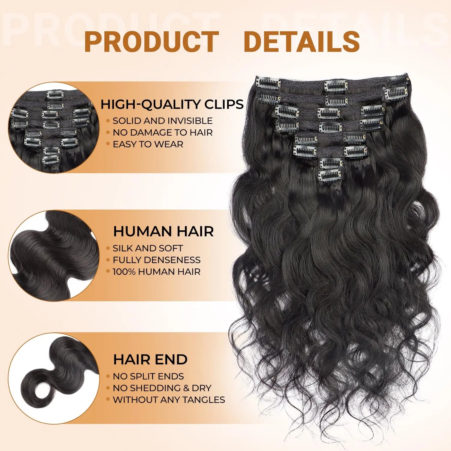 Wellenförmige Clip-in-Echthaarverlängerungen Clip Ins 120 Gramm Body Wave 18 Zoll 8 Stück Naturschwarz 100% Echthaar
