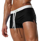 2025 Einfarbige Low-Rise Herren-Badeshorts | Reißverschluss & Kordelzug & Reißverschlusstasche hinten für sicheres und dezentes Tragen