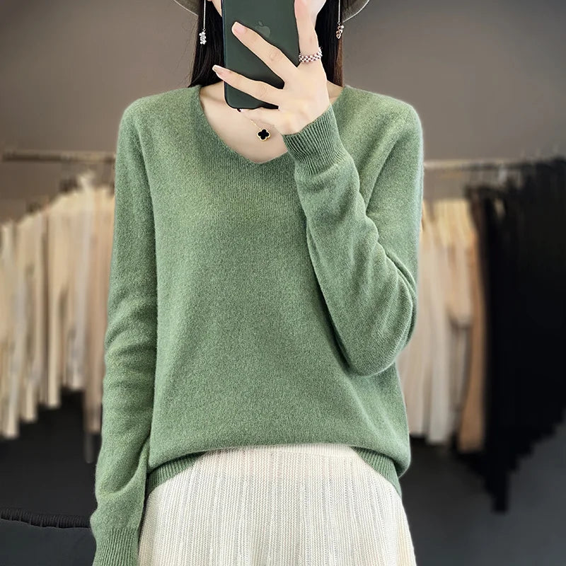 Damen 100% Merinowolle Pullover V-Ausschnitt Basic Pulli Herbst Winter Kaschmir Kleidung Langarm Weiche Strickware Oberteile Unifarben