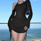Solides schräges Kragen-Kleid mit Raffungen, Schnürung, transparent und Kordelzug, Minikleid Sommer 2025 Damen Party Clubwear Großhandel