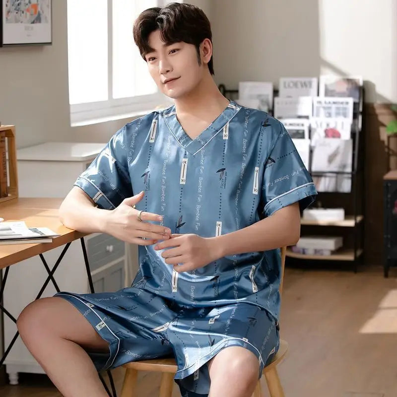 Pyjama Herren Eis Seide Dünn Kurzarm Zweiteiler Koreanische Version des lockeren Herren-Hausanzugs in Übergröße mit Buchstaben
