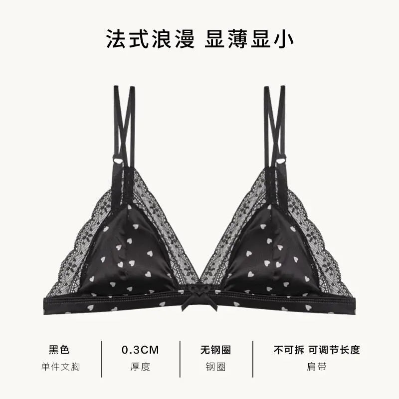 Französischer Stil Süßer Triangel-BH Lingerie Set Damen Satin Spitze Drahtlos Kleiner Busen Raffiniert Dünner Stoff Sexy Weiche Unterwäsche S-XL