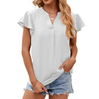 Neue Damen V-Ausschnitt Lose Pullover Chiffon-Shirts Elegante Mode Einfarbige Rüschen Damenbluse Sommer Lässige Kurzarm-Oberteile
