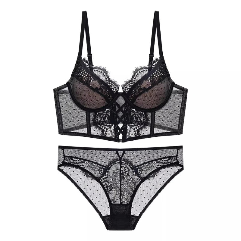 Französische Spitze Push-Up-Dessous-Set Frau dünner Bügel-BH, durchsichtige geraffte Chemise, weich, zierlich, kleine Oberweite S-XL Hot Sale